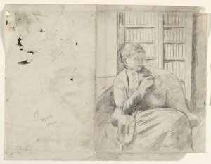 Strikking i biblioteket recto, ca. 1881. av Mary Cassatt