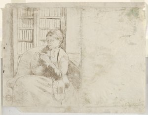 Strikking i biblioteket verso, ca. 1881. av Mary Cassatt