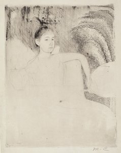 Mimi holder en japansk fan, ca. 1889. av Mary Cassatt
