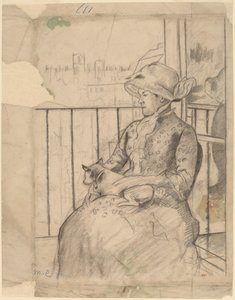 Susan på en balkong holder en hund [recto], ca. 1883. av Mary Cassatt