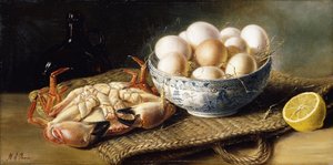 En krabbe og en skål med egg på en kurv, med en flaske og en halv sitron av Mary E. Powis