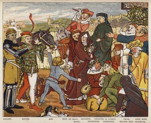 Geoffrey Chaucer, The Canterbury Tales, The Pilgrims forlate The Tabard Inn (farge litho)