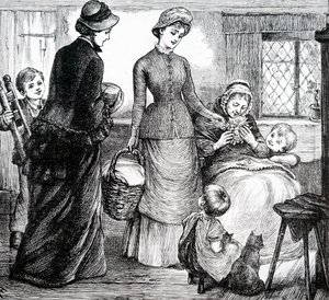 En kvinne som gir gaver til en fattig hyttemann. Av Mary Ellen Edwards (1838-1934), en engelsk kunstner av Mary Ellen Edwards
