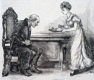 En kvinne som gir feieren en varm middag. Av Mary Ellen Edwards (1838-1934), en engelsk kunstner av Mary Ellen Edwards