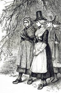 En gravering som viser walisiske jenter på en Hollantide-messe, en ansettelsesmesse, som venter på å bli engasjert som hushjelp. Illustrert av Mary Ellen Edwards (1838-1934), en engelsk kunstner og illustratør av barnebøker av Mary Ellen Edwards