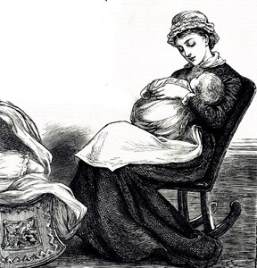 En gravering som viser en mor som vugger babyen sin. Illustrert Mary Ellen Edwards (1838-1934), en engelsk kunstner og produktiv illustratør av barnebøker av Mary Ellen Edwards