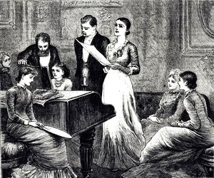En gravering som viser en musikalsk kveld. Illustrert av Mary Ellen Edwards (1838-1934), en engelsk kunstner og illustratør av barnebøker av Mary Ellen Edwards