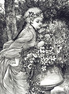 En gravering som viser en ung jente som lukter blomster plassert i en hageurne. Illustrert av Mary Ellen Edwards (1838-1934), en engelsk kunstner og illustratør av barnebøker av Mary Ellen Edwards