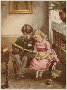 Gutt og jente leser bok (chromolitho) av Mary Ellen Edwards
