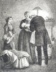 Gravering som viser en lege som undersøker en baby med meslinger av Mary Ellen Edwards