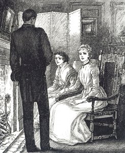 Gravering som viser to kvinner som holder varmen ved siden av peisen av Mary Ellen Edwards