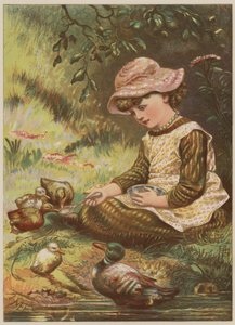 Jente som mater andunger (chromolitho)