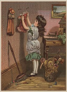 Jente som henger opp dukkeklær (chromolitho) av Mary Ellen Edwards