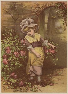 Jente plukker roser (chromolitho) av Mary Ellen Edwards