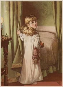 Jente trekker seg tilbake til sengs (chromolitho) av Mary Ellen Edwards
