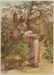 Jente som ser på bie i hagen (chromolitho) av Mary Ellen Edwards