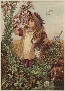 Jente med hund som lukter blomster (chromolitho)