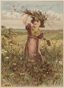 Jente med blomster og sommerfugler (chromolitho) av Mary Ellen Edwards
