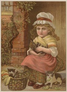 Jente med kattunger (chromolitho) av Mary Ellen Edwards