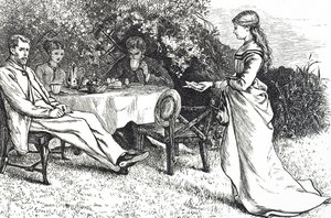 Illustrasjon som viser en familie som spiser frokost i hagen av Mary Ellen Edwards