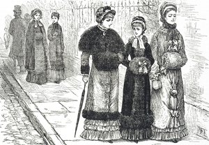 Illustrasjon som viser unge kvinner med muffer, for å holde hendene varme i det kaldere været av Mary Ellen Edwards