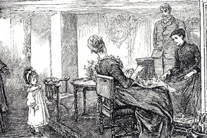 Illustrasjon av en liten jente som blir passet på av tantene og onkelen en ettermiddag av Mary Ellen Edwards