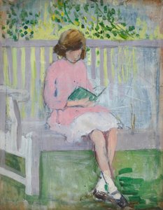 Jente som leser (olje på tre) av Mary Ethel Hunter