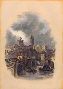 The Old Tyne Bridge, Moot Hall, St Nicholas Cathedral and Castle (blekk og wc på papir) av Mary Jane Hancock