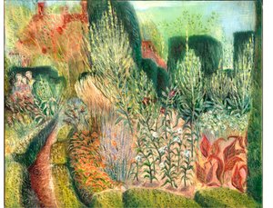 Great Dixter: Topiary and paths, 2003 (olje om bord) av Mary Kuper