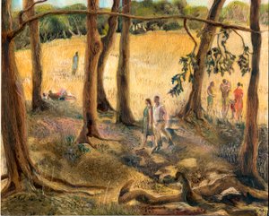 Under trærne, Hampstead Heath, 2002 (olje om bord) av Mary Kuper