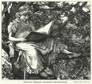 Felicia Hemans Reading Shakespere (gravering) av Mary L. Gow