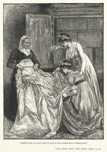 "Lisbeth ristet ut foldene til bestemorens brudekjole foran dem" (gravering) av Mary L. Gow