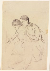 Baby med venstre hånd som berører et badekar, holdt av sykepleieren hennes, ca. 1891 av Mary Cassatt