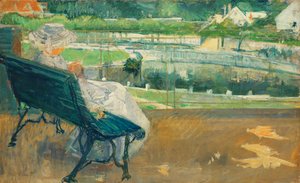 Lydia sitter på en veranda, hekler, ca. 1881 av Mary Cassatt