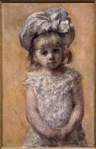 Portrett av jente eller blondekjole. Portrett av en liten jente i en hvit kjole ser trist ut. Maleri av amerikaneren Mary Cassatt (1844-1926)