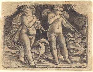 Amor som bærer en fugl akkompagnert av en hund, og en annen amor som spiller trompet av Maso Finiguerra