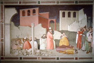 Episoder av nyttårsaften: Pave Saint Sylvester I (Silvester eller Silvestro) (314-335) lukker munnen til dragen (til venstre) og gjenoppliver to magiterrasser ved dragens pust (pave Sylvester I vender bort en drage og gjenoppliver dens ofre) - Fre
