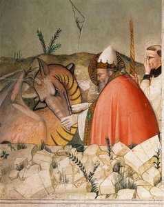 Episoder av livet på nyttårsaften: Pave Saint Sylvester I (Silvester eller Silvestro) (314-335) lukker dragens munn. Detalj. Fresco av Maso di Banco (kjent rundt 1341-1346) Firenze fra 1300-tallet, Chiesa di Santa Croce, Cappella Bardi