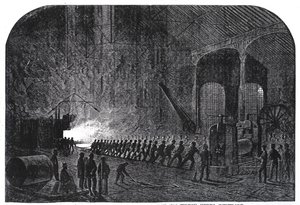 Prosess med å rulle panserplater for Hennes Majestets skip ved Alas Steelworks, Sheffield, illustrasjon fra 