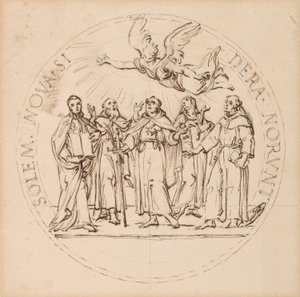 Design for en pavelig medalje for kanonisering av Clement X av Saint Pius, Saint Gaetano dei Conti di Thiene, Saint Francis Borgia, SJ, Saint Louis Bertrand, OP, og Saint Margaret Q(ueen) fra Skottland av Massimiliano Soldani