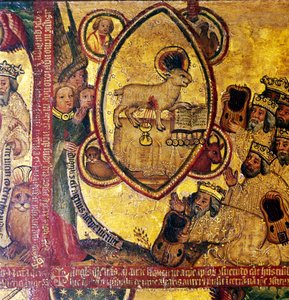 Lammet, som holder boken med de syv segl, tilbedt av de eldste, 1300-1400-tallet