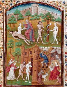 Fødsel av Eva fra kysten av Adam, Adam og Eva plukker den forsvarte frukten og jakter deretter fra Paradise Miniature hentet fra "" Cases of noble men and women unfortunes"" (De casibus) av Giovanni Boccaccio dit Jean Boccace (1313-1375) , italiensk forfat
