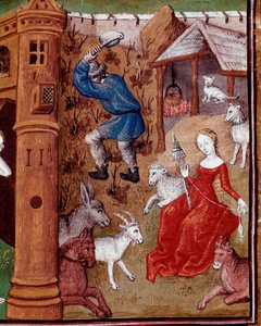 Representasjon av Adam som plukker jorden og Eva spinner ullen etter å ha blitt jaget fra det jordiske paradiset. Miniatyr hentet fra "" Des cas des nobles hommes et femmes infortunes"" (De casibus) av Giovanni Boccaccio dit Jean Boccace (1313-1375), Itali