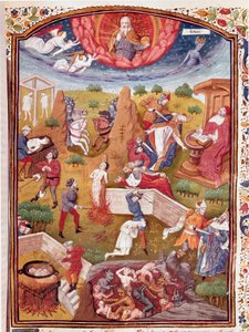 Vision of Boccace: scene for tortur, henging, massakre Miniatyr hentet fra "" The unfortunate cases of noble men and women"" (De casibus) av Giovanni Boccaccio dit Jean Boccace (1313-1375), italiensk forfatter, oversatt av Laurent de Pr