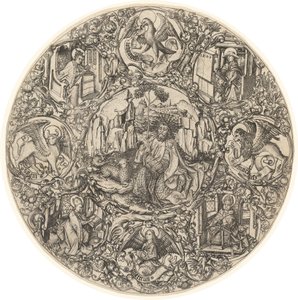 Døperen Johannes i villmarken med Guds lam, omgitt av symbolene til evangelistene og kirkens fire fedre