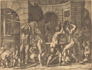 Vulcan and the Cyclopes Forging Arrows av Master FG, after Francesco Primaticcio