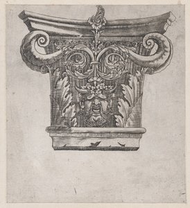 Mirror of Roman Magnificence: Kapital med peapod-ruller og satyrhode, ca. 1537, ca. 1537