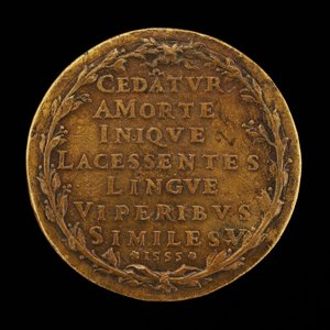 Inskripsjon i en laurbærkrans [revers], 1555. av Master I.A.V.F.