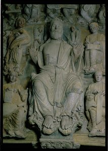 Detalj av Portico de la Gloria som viser Kristus i majestetstein