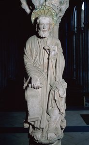Detalj av Portico de la Gloria som viser St James, stein fra 1100-tallet